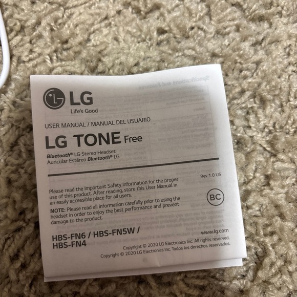 LG Tone Free Bluetooth Headset Manual - Picture 2 of 3